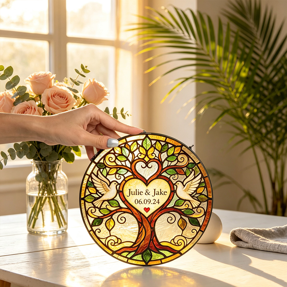 Personalized Tree of Life Stained Glass Suncatcher – Custom Wedding Keepsake Gift for Couples, Anniversary & New Home Decor
