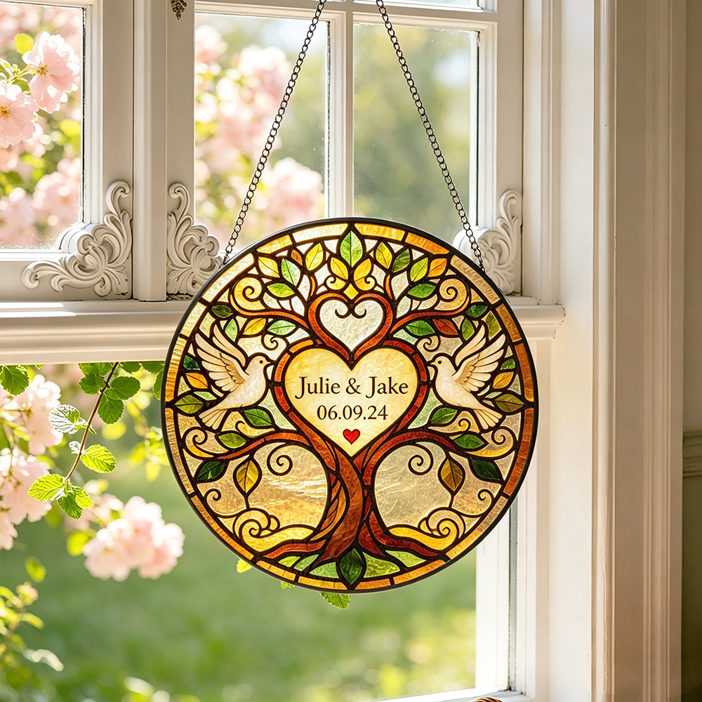 Personalized Tree of Life Stained Glass Suncatcher – Custom Wedding Keepsake Gift for Couples, Anniversary & New Home Decor