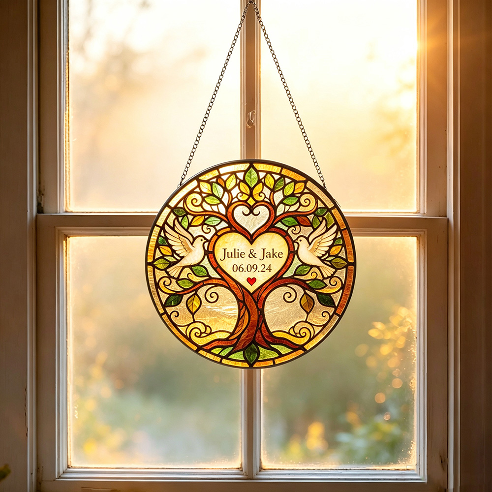 Personalized Tree of Life Stained Glass Suncatcher – Custom Wedding Keepsake Gift for Couples, Anniversary & New Home Decor
