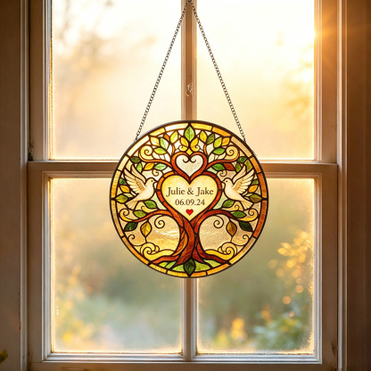 Personalized Tree of Life Stained Glass Suncatcher – Custom Wedding Keepsake Gift for Couples, Anniversary & New Home Decor