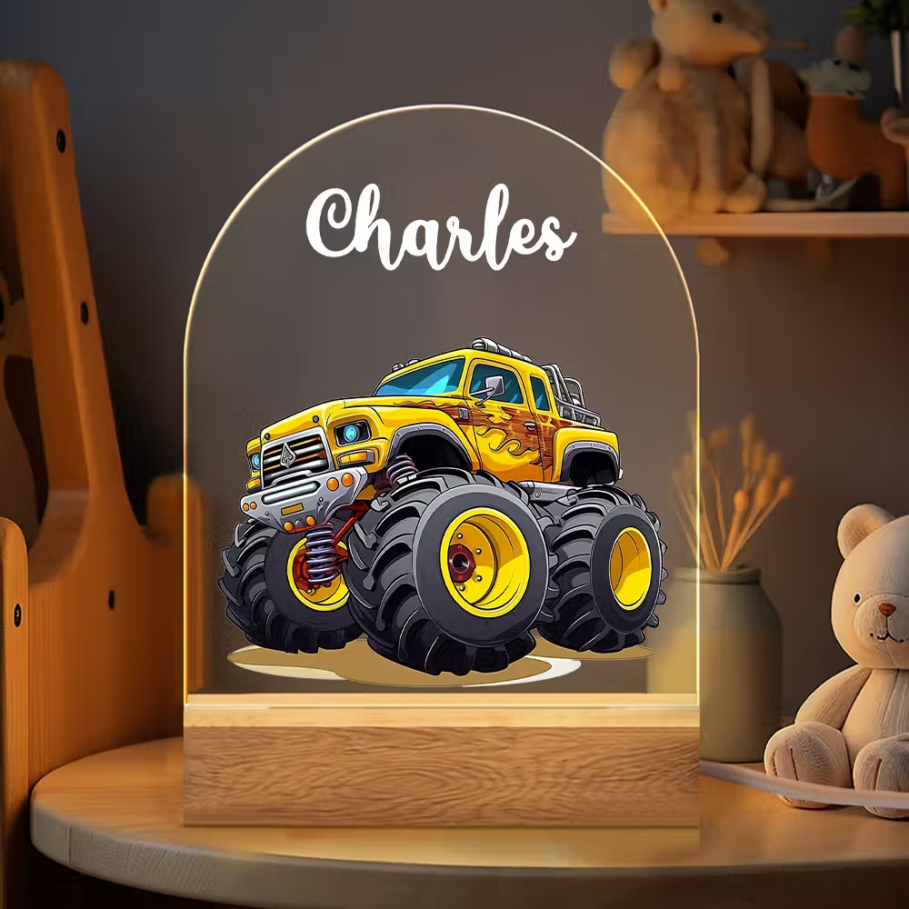 Personalized Monster Truck LED Night Light with Name, Custom Acrylic Lamp with Wooden Base & 7 Colors, Gift for Kids