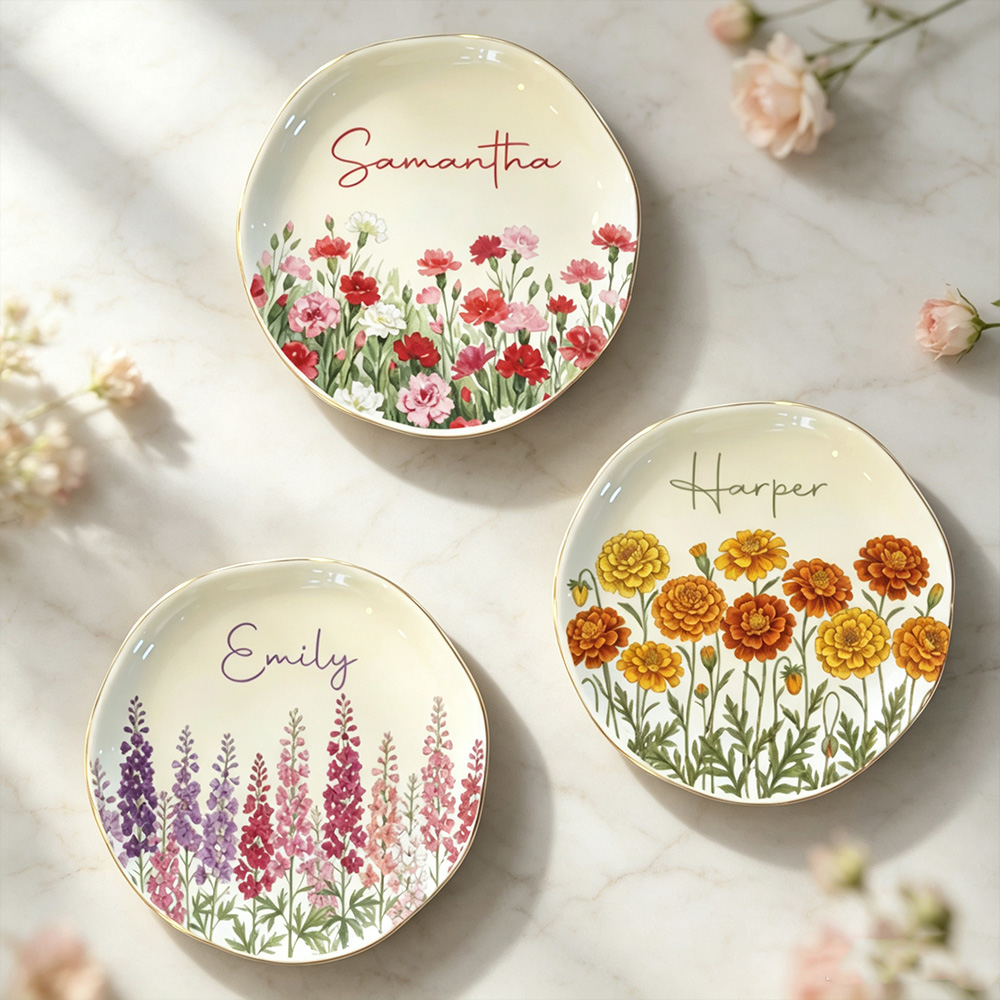 Personalized Birth Flower Ring Dish with Name, Watercolor Jewelry Tray, Birthday & Bridesmaid Gift