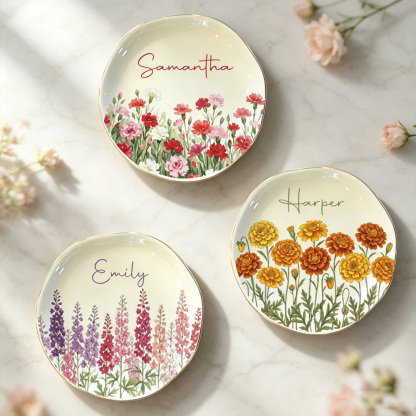 Personalized Birth Flower Ring Dish with Name, Watercolor Jewelry Tray, Birthday & Bridesmaid Gift