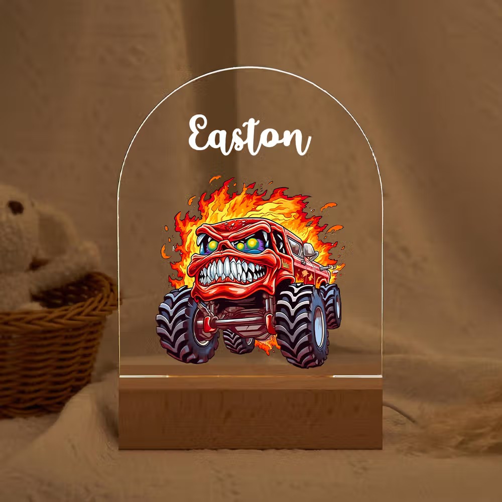 Personalized Monster Truck LED Night Light with Name, Custom Acrylic Lamp with Wooden Base & 7 Colors, Gift for Kids