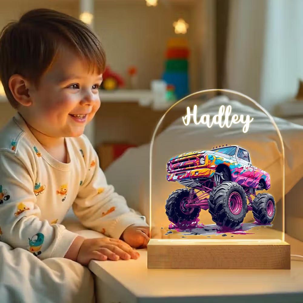 Personalized Monster Truck LED Night Light with Name, Custom Acrylic Lamp with Wooden Base & 7 Colors, Gift for Kids