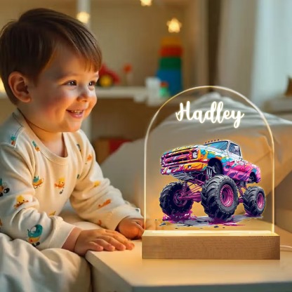 Personalized Monster Truck LED Night Light with Name, Custom Acrylic Lamp with Wooden Base & 7 Colors, Gift for Kids