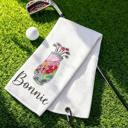 Personalised Watercolour Golf Bag Waffle Towel with Name, Absorbent Golf Towel with Hanging Clip, Birthday Gift for Golfers