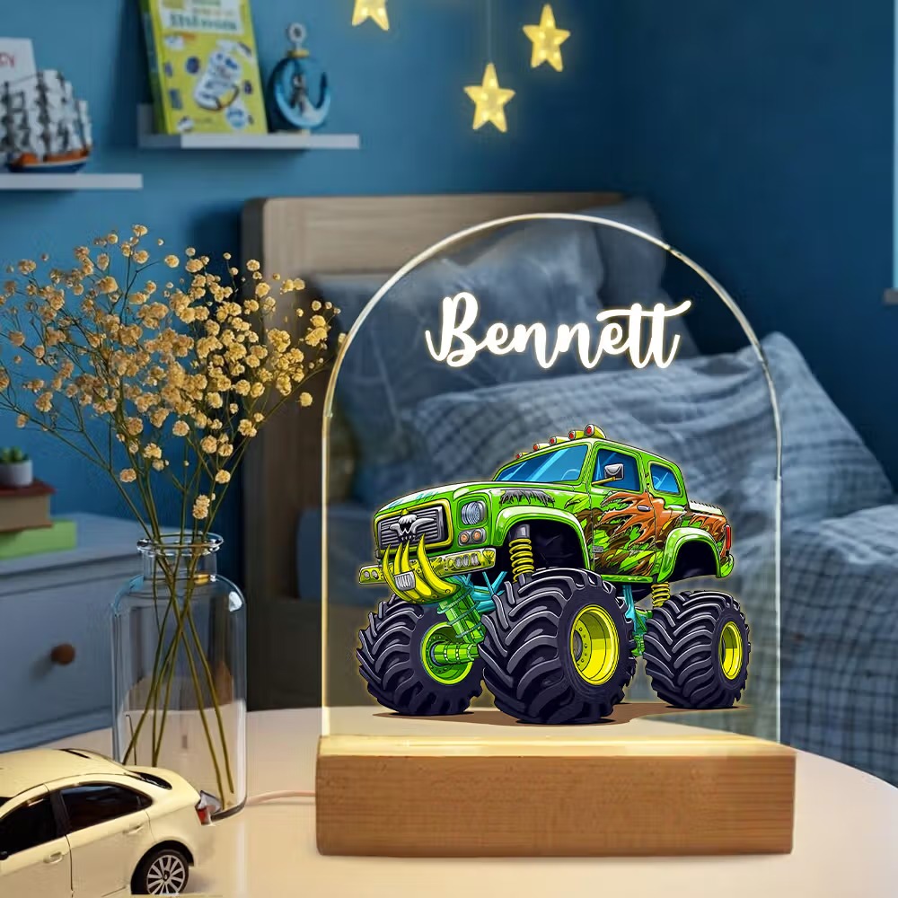 Personalized Monster Truck LED Night Light with Name, Custom Acrylic Lamp with Wooden Base & 7 Colors, Gift for Kids