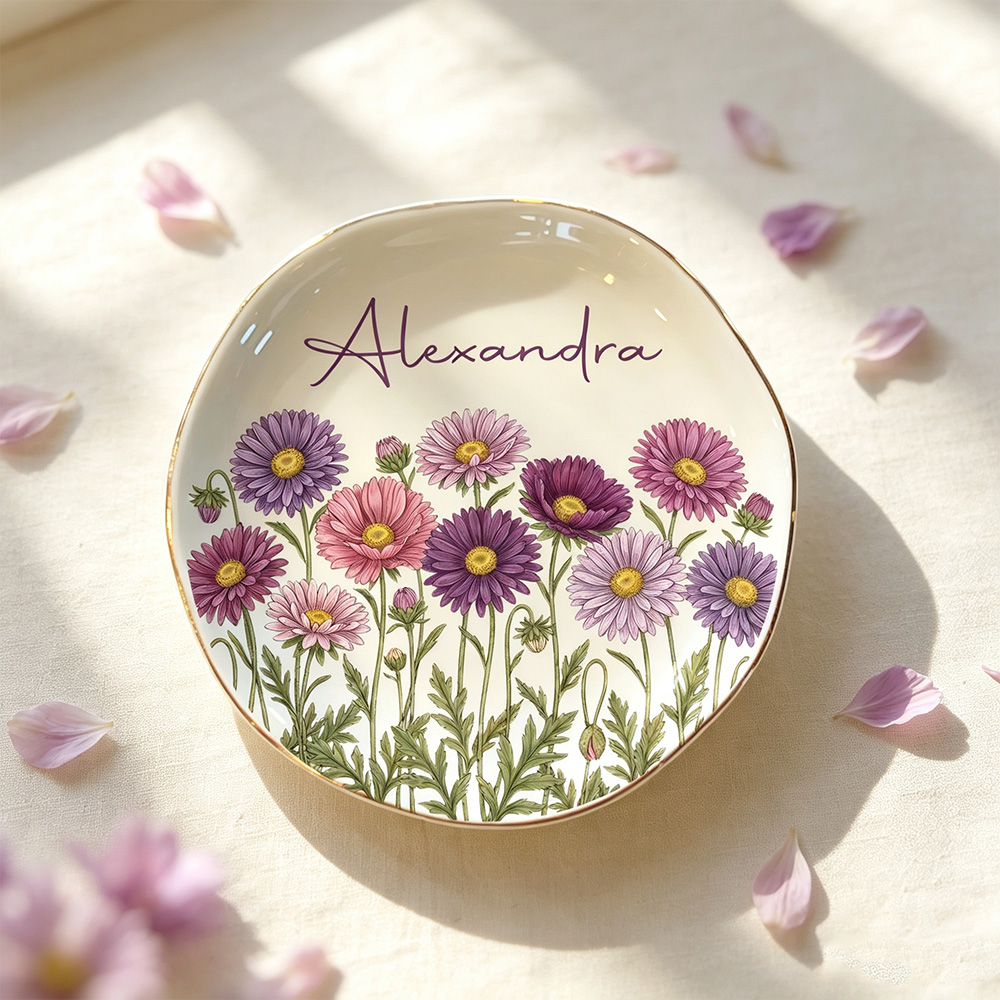 Personalized Birth Flower Ring Dish with Name, Watercolor Jewelry Tray, Birthday & Bridesmaid Gift