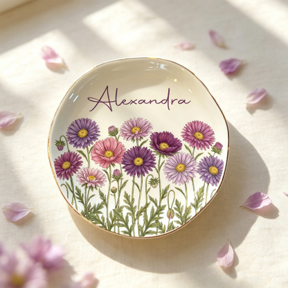 Personalized Birth Flower Ring Dish with Name, Watercolor Jewelry Tray, Birthday & Bridesmaid Gift