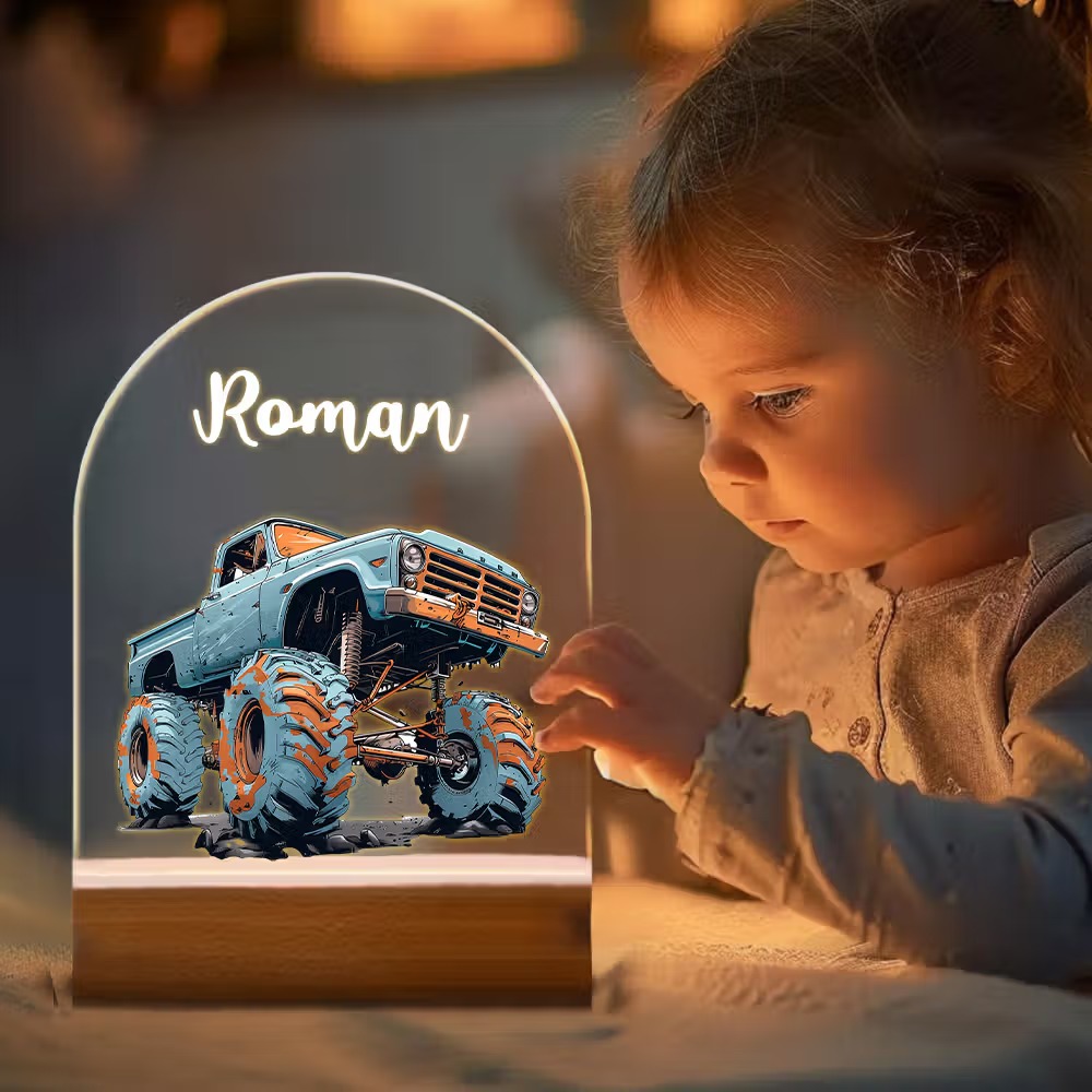 Personalized Monster Truck LED Night Light with Name, Custom Acrylic Lamp with Wooden Base & 7 Colors, Gift for Kids