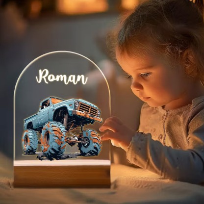 Personalized Monster Truck LED Night Light with Name, Custom Acrylic Lamp with Wooden Base & 7 Colors, Gift for Kids