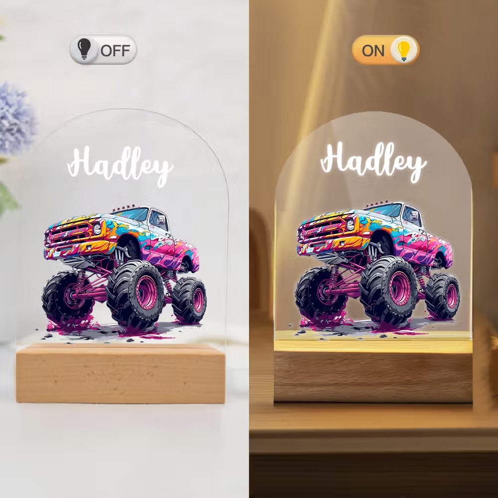 Personalized Monster Truck LED Night Light with Name, Custom Acrylic Lamp with Wooden Base & 7 Colors, Gift for Kids