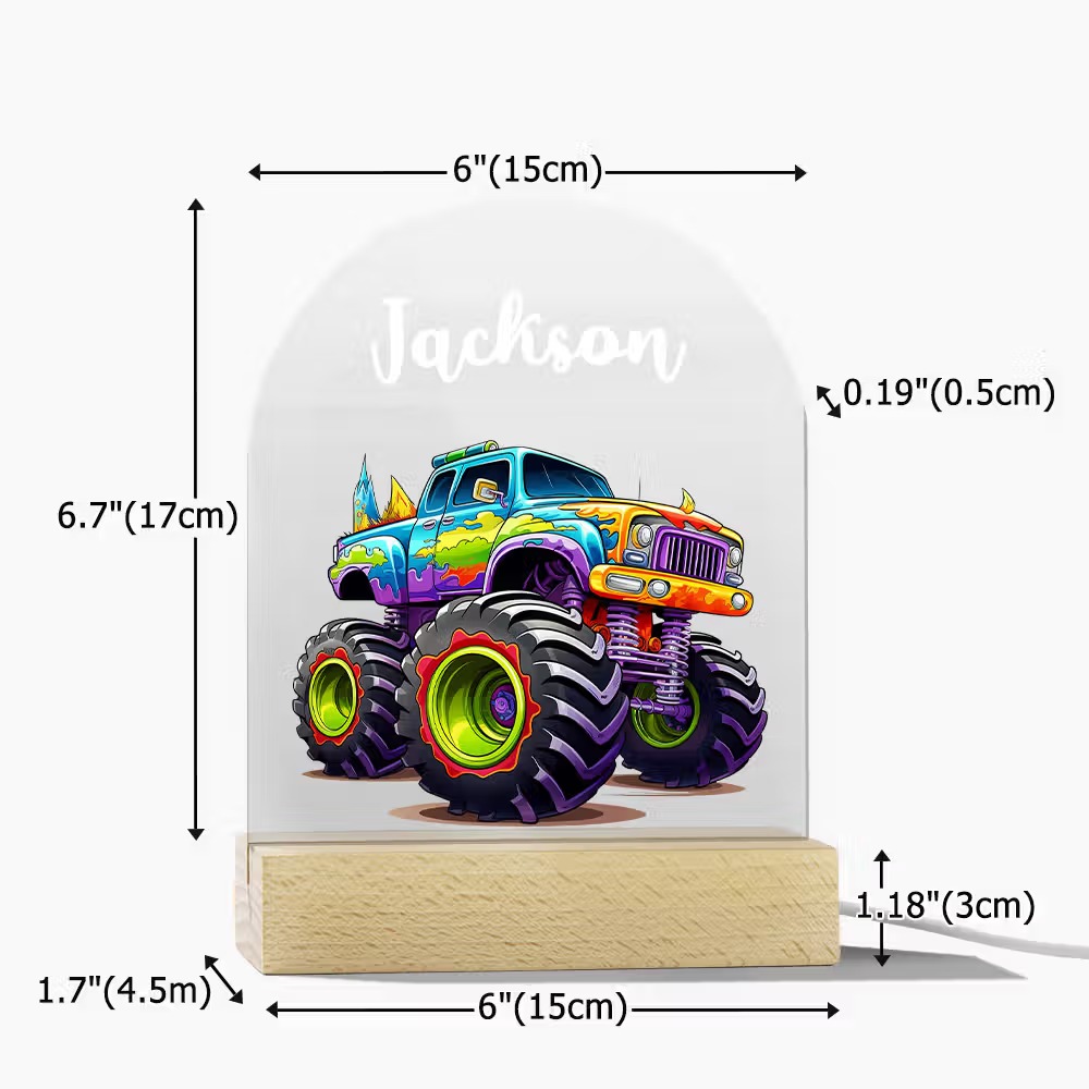 Personalized Monster Truck LED Night Light with Name, Custom Acrylic Lamp with Wooden Base & 7 Colors, Gift for Kids