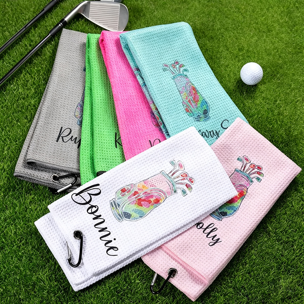 Personalised Watercolour Golf Bag Waffle Towel with Name, Absorbent Golf Towel with Hanging Clip, Birthday Gift for Golfers