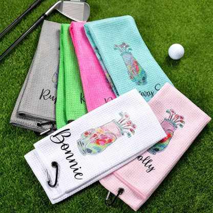Personalised Watercolour Golf Bag Waffle Towel with Name, Absorbent Golf Towel with Hanging Clip, Birthday Gift for Golfers