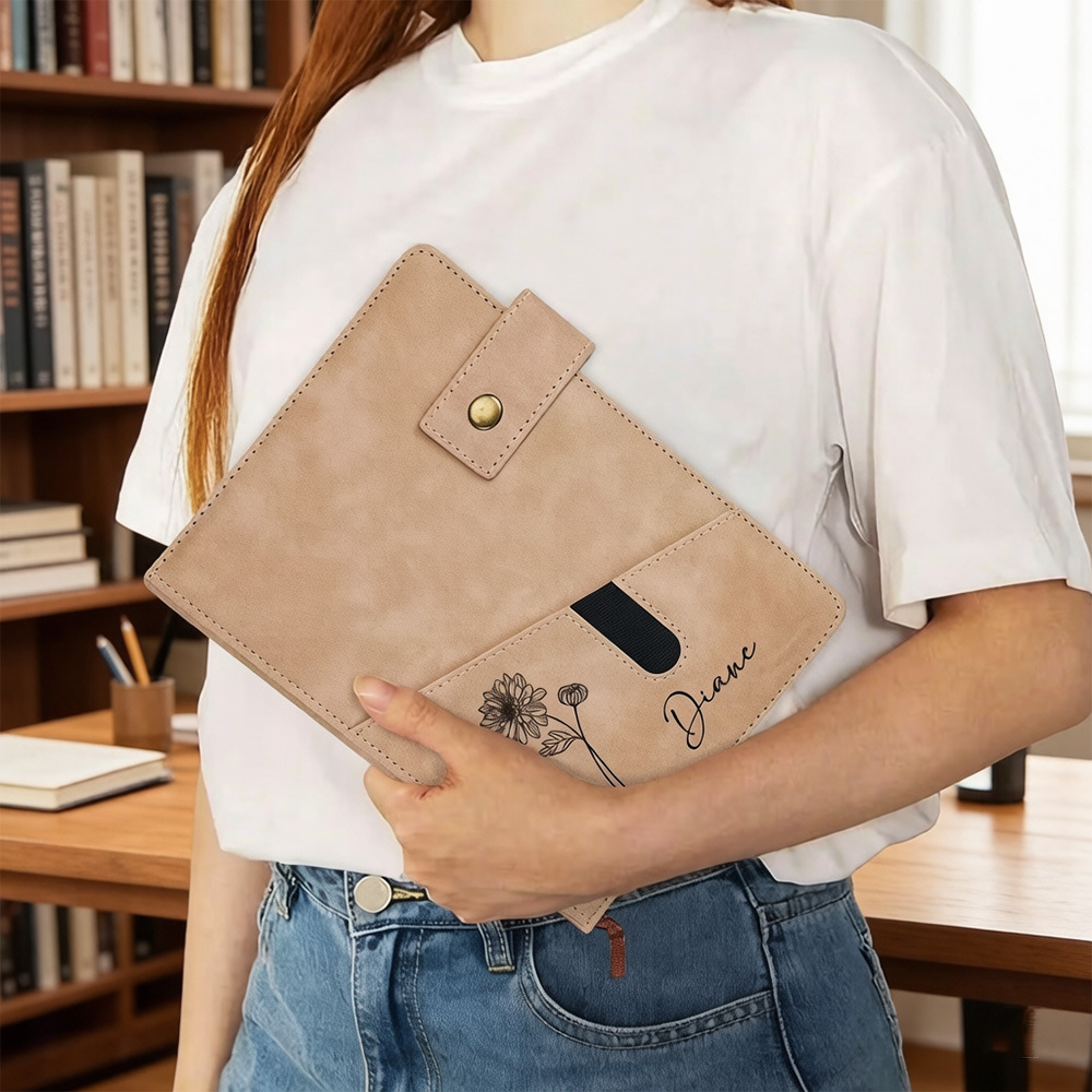 Personalized Birth Flower A5 Notebook with Custom Name, PU Leather Journal with Phone Pocket and Lined Pages, Gift for Women