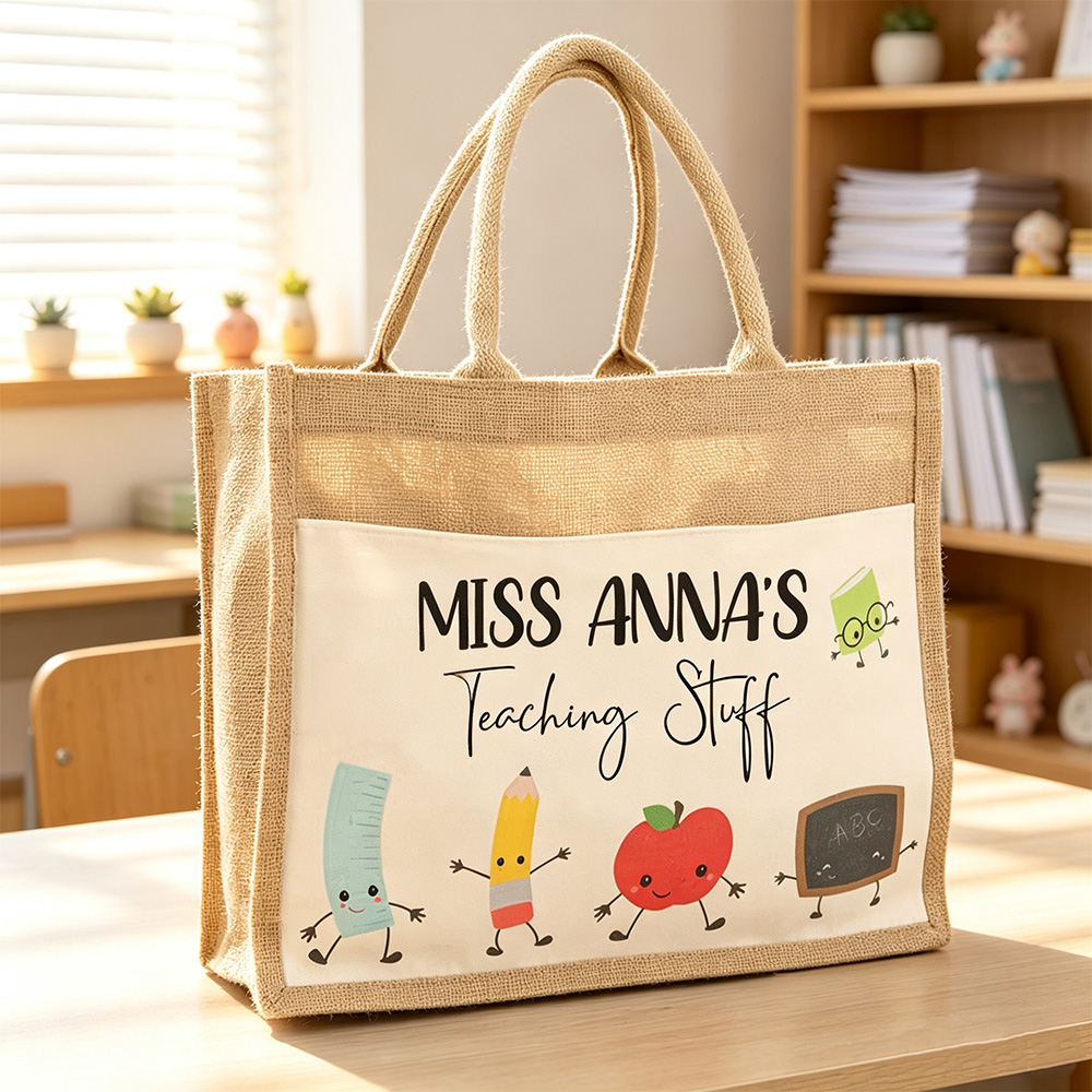 Personalized Jute Tote Bag with Teacher Name Custom Design Thank You Gift for Teachers Classroom Essentials Bag