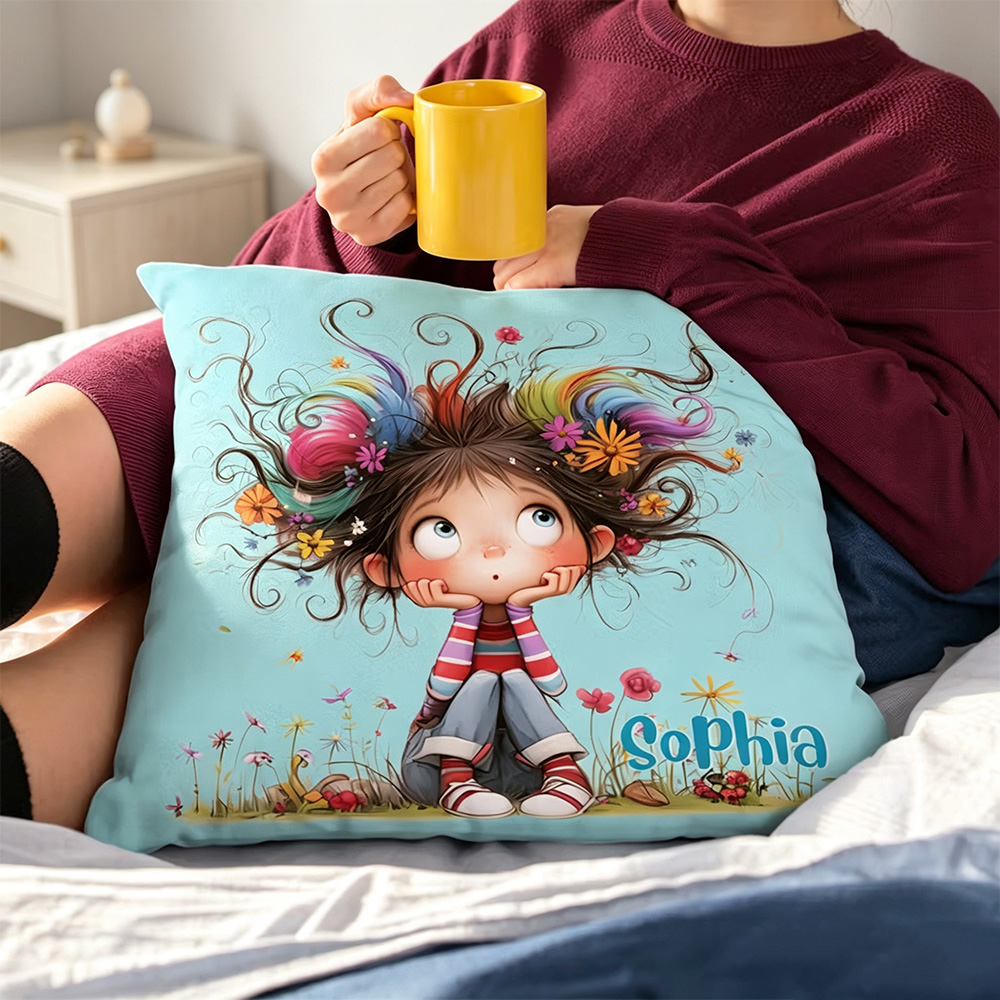 Personalised Quirky Girl Pillow Cover – Custom Name Cushion Gift for Girls & Women