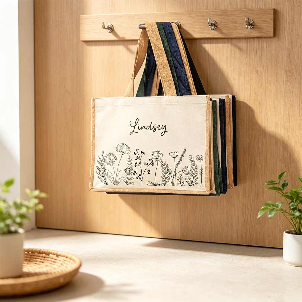 Personalized Jute Tote Bag, Custom Name Floral Canvas Shopping Bag, Large Reusable Eco Friendly Tote, Personalized Gift for Women