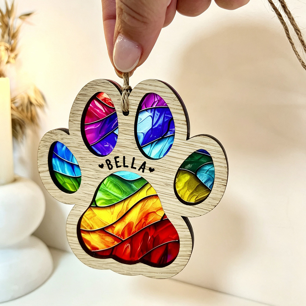 Personalized Pet Memorial Paw Ornament, Custom Dog Name Rainbow Bridge Keepsake, Stained Glass Style Pet Loss Gift, Sympathy Gift for Dog or Cat Lover