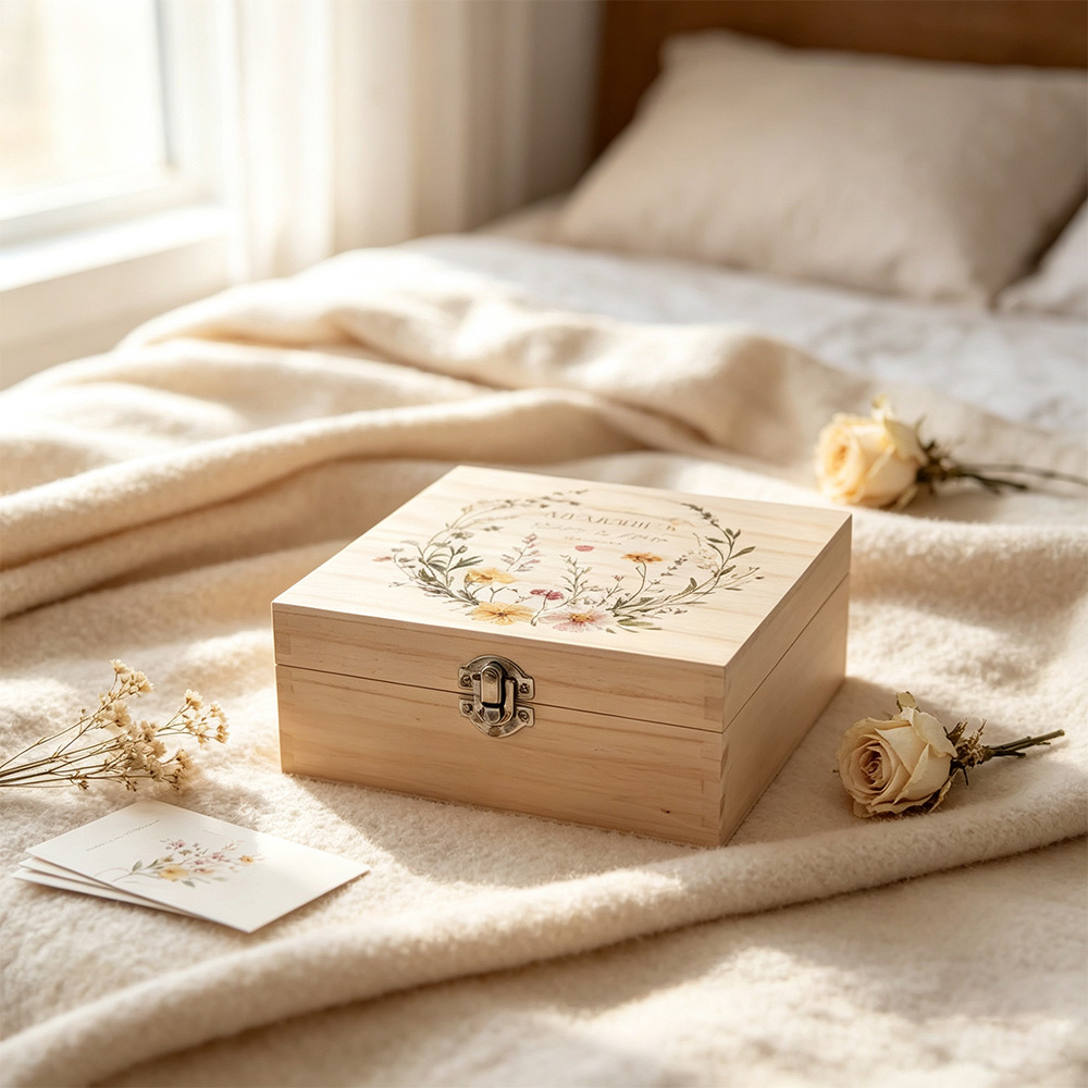 Personalized Wooden Wedding Keepsake Box, Custom Couple Names & Date Memory Box, Floral Wedding Gift for Newlyweds, Anniversary Keepsake