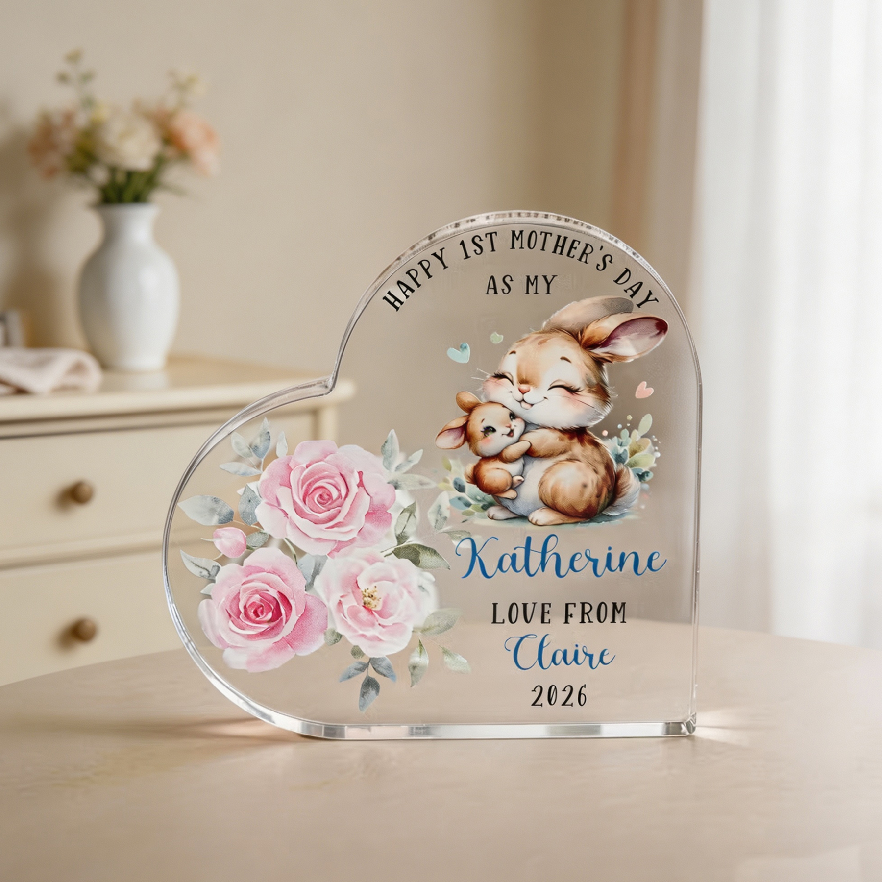 Personalized First Mother's Day Heart Acrylic Plaque with Name, Cute Animal Baby Keepsake Gift for Mom