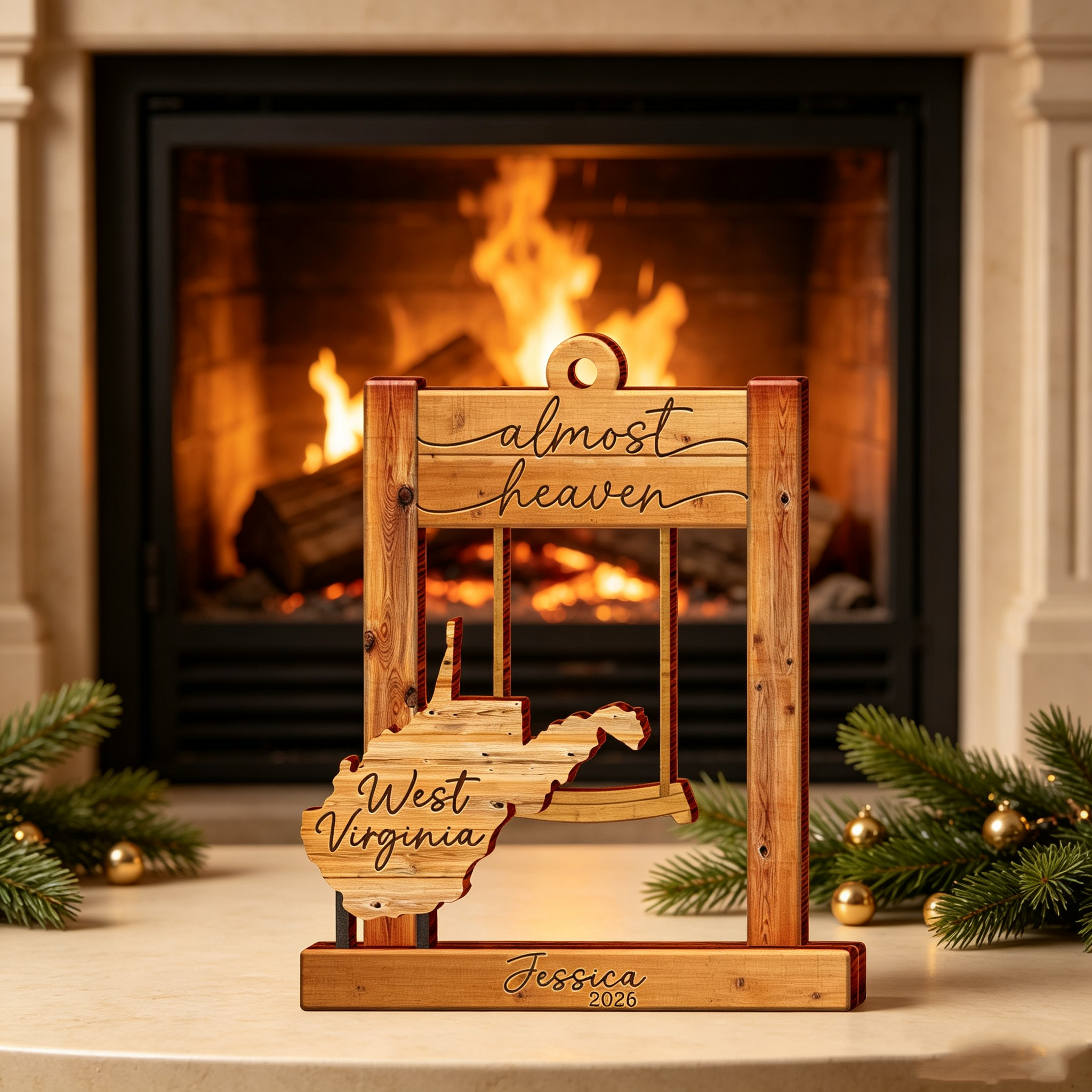 Personalized West Virginia Swing Ornament – “Almost Heaven” Layered Wooden State Keepsake, Custom WV Home Decor Gift