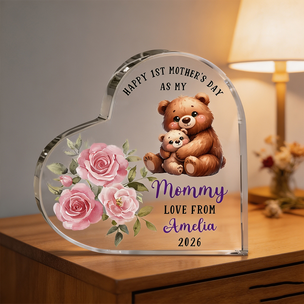 Personalized First Mother's Day Heart Acrylic Plaque with Name, Cute Animal Baby Keepsake Gift for Mom