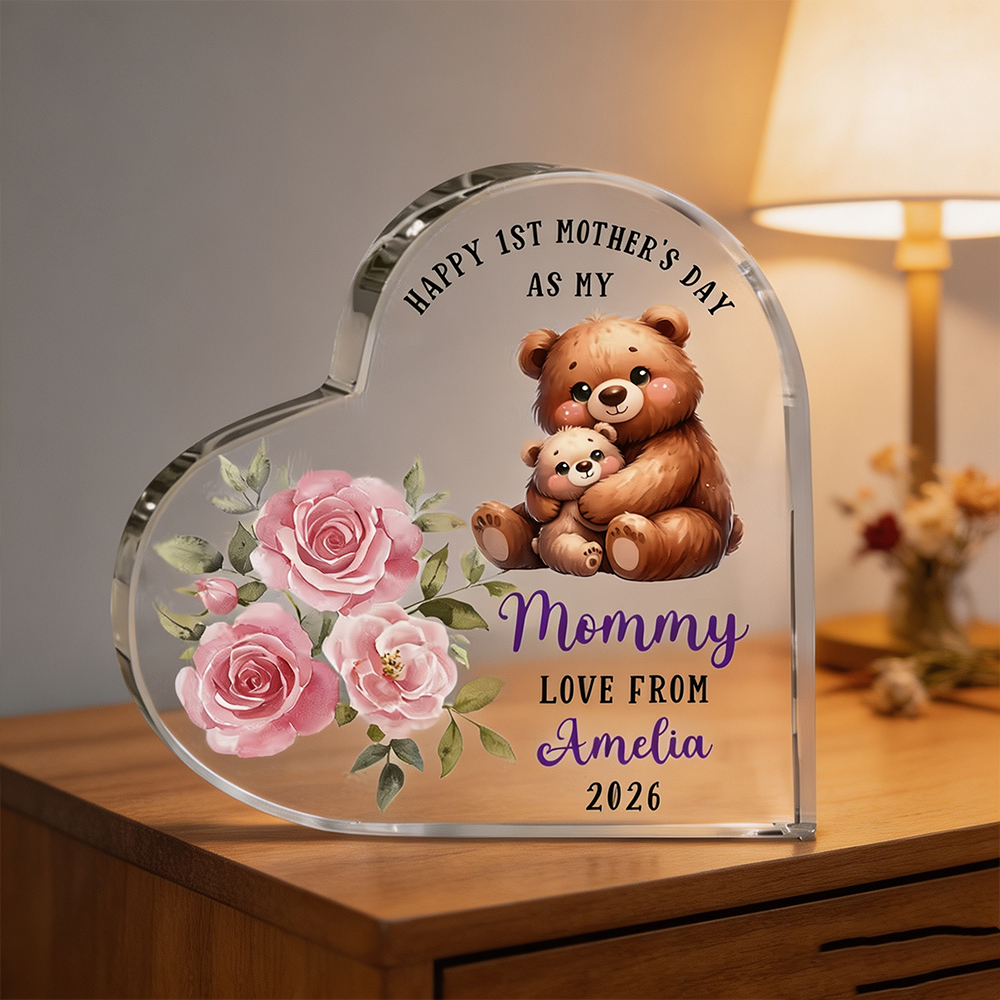 Personalized First Mother's Day Heart Acrylic Plaque with Name, Cute Animal Baby Keepsake Gift for Mom