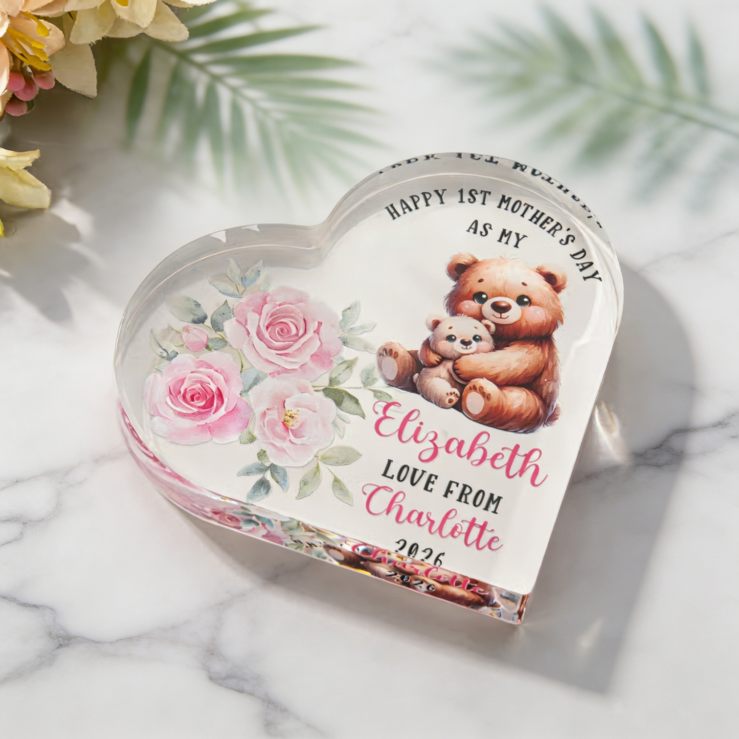 Personalized First Mother's Day Heart Acrylic Plaque with Name, Cute Animal Baby Keepsake Gift for Mom