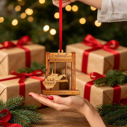 Personalized West Virginia Swing Ornament – “Almost Heaven” Layered Wooden State Keepsake, Custom WV Home Decor Gift