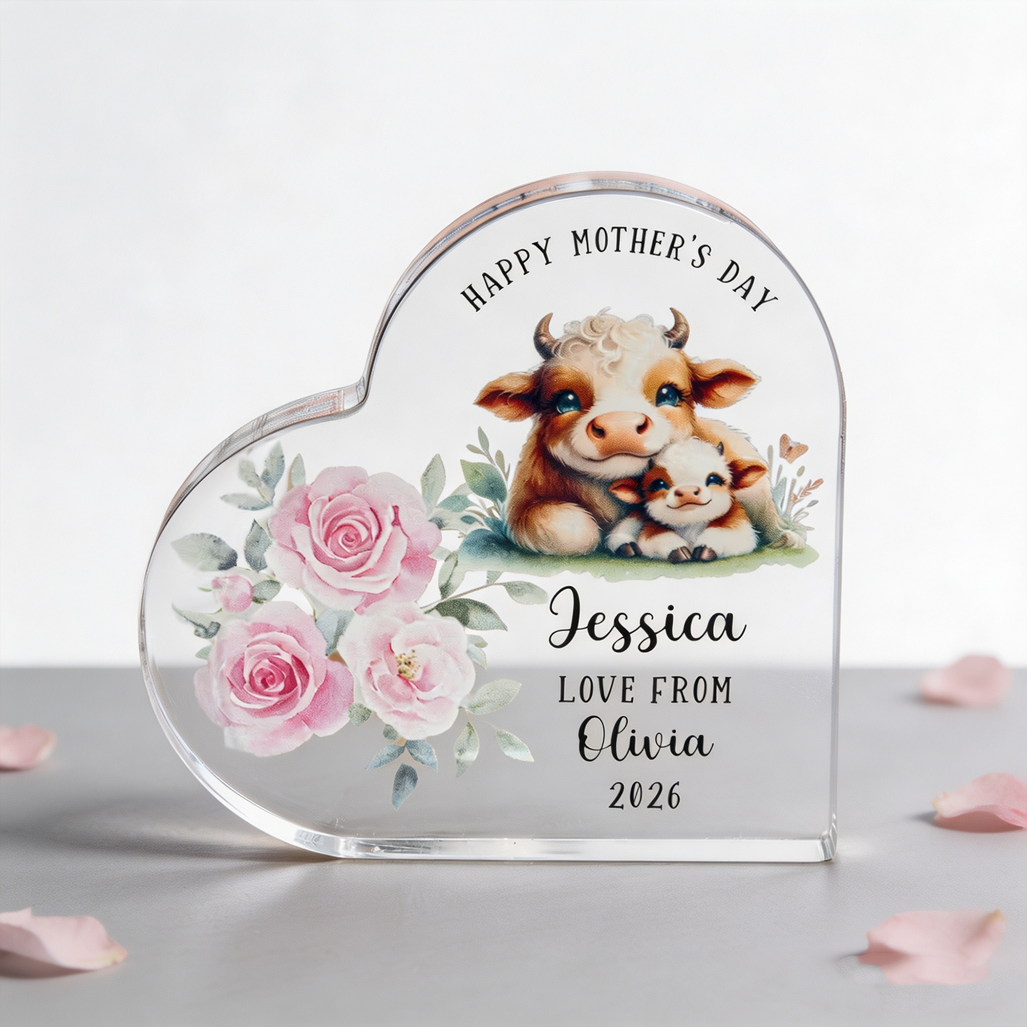 Personalized First Mother's Day Heart Acrylic Plaque with Name, Cute Animal Baby Keepsake Gift for Mom