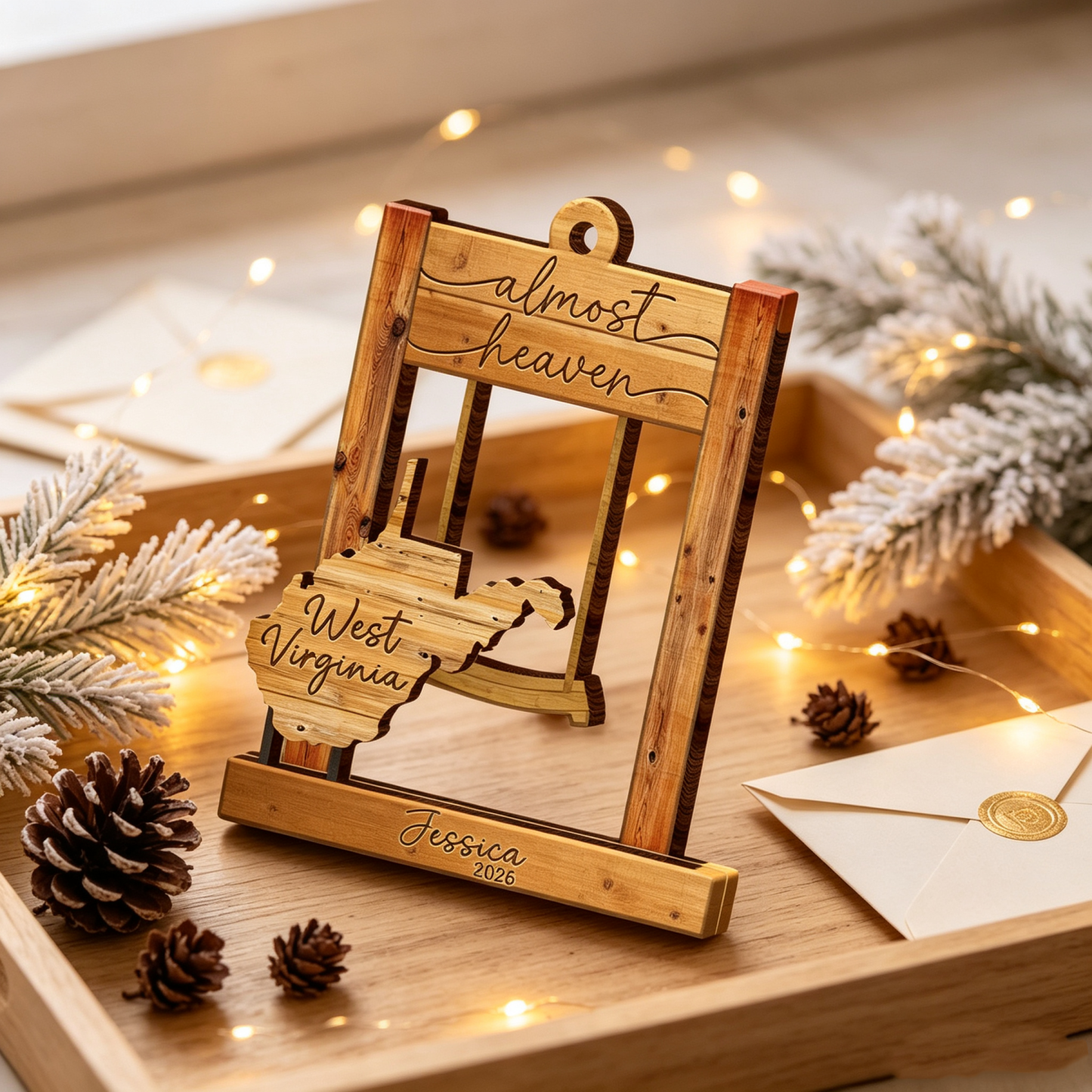 Personalized West Virginia Swing Ornament – “Almost Heaven” Layered Wooden State Keepsake, Custom WV Home Decor Gift