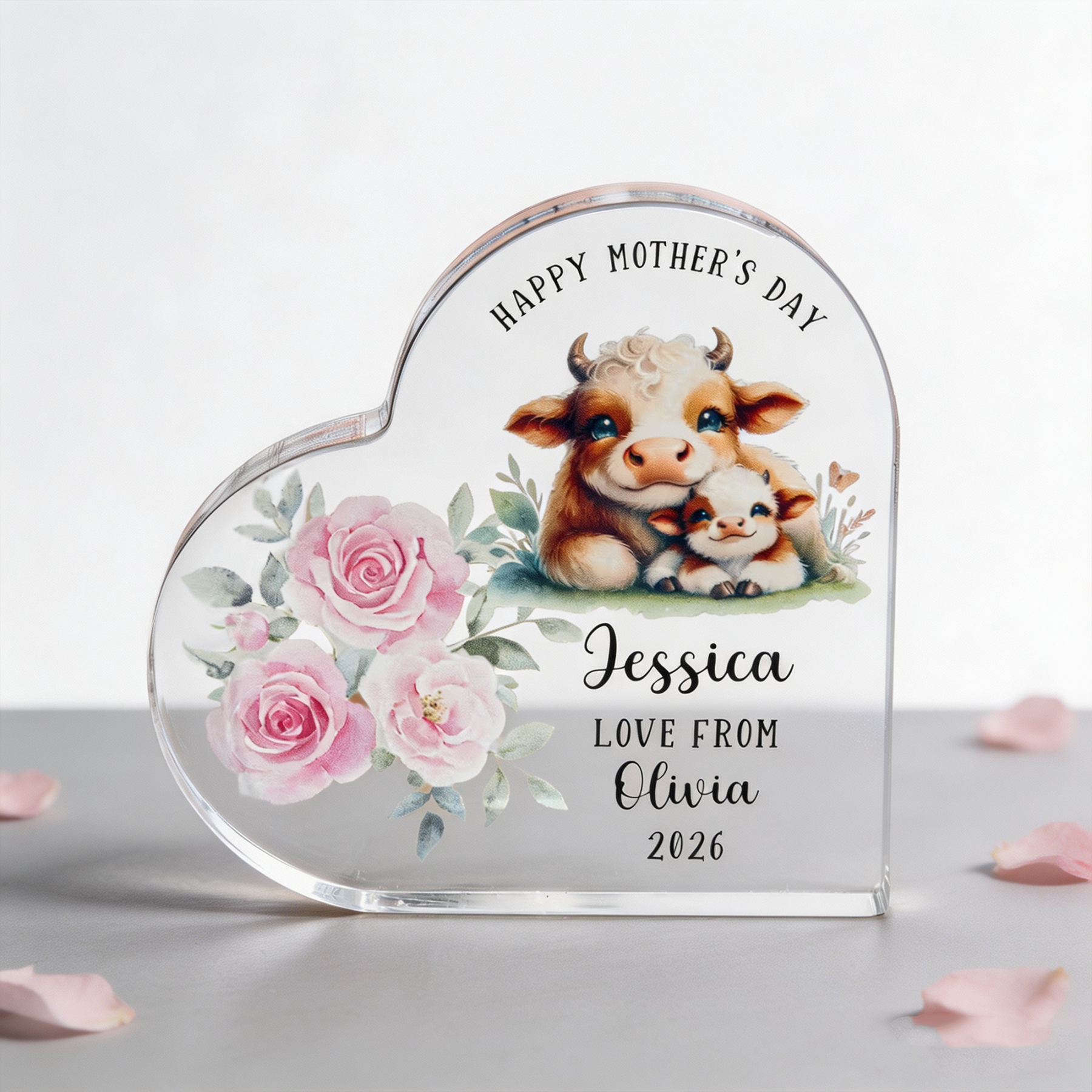 Personalized First Mother's Day Heart Acrylic Plaque with Name, Cute Animal Baby Keepsake Gift for Mom