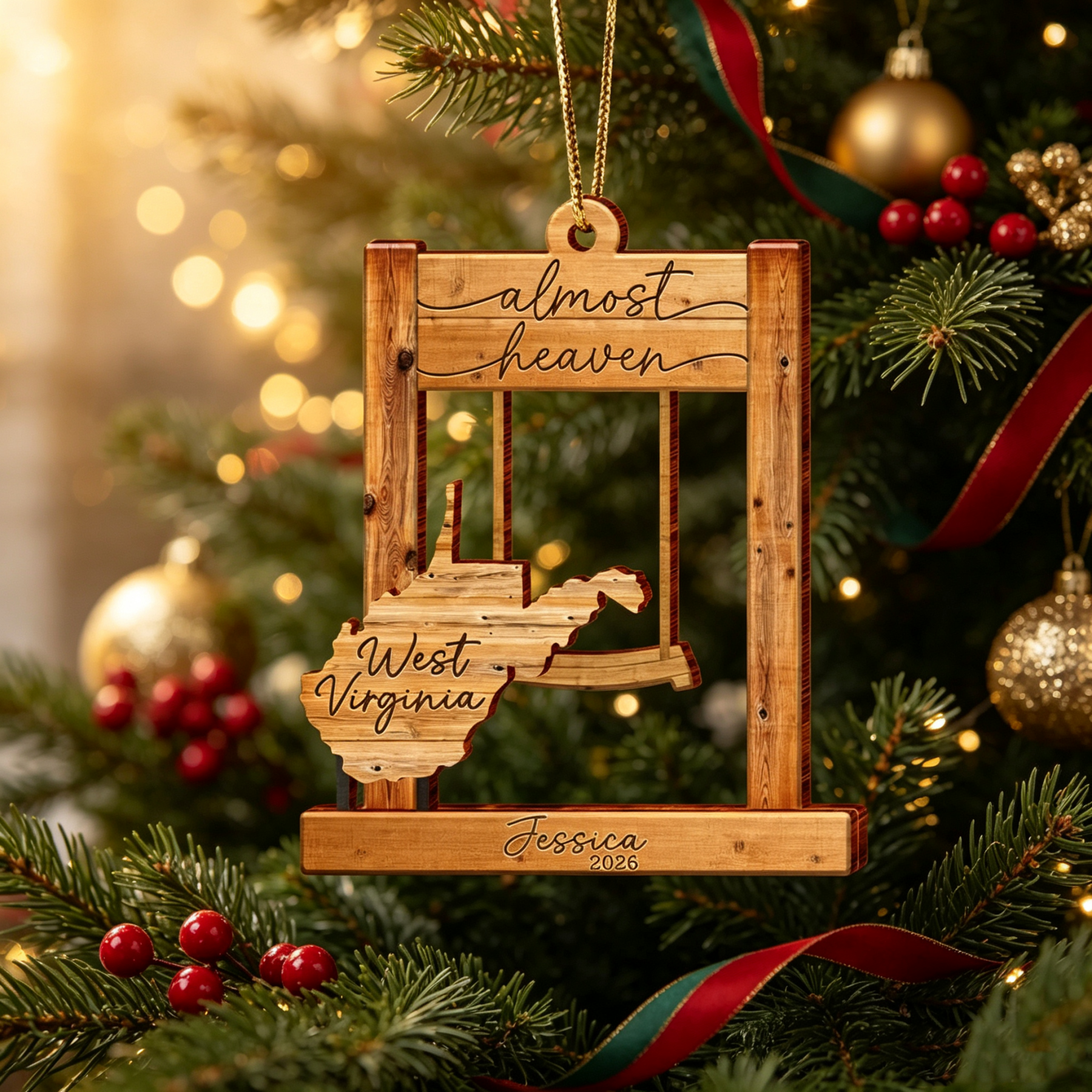 Personalized West Virginia Swing Ornament – “Almost Heaven” Layered Wooden State Keepsake, Custom WV Home Decor Gift
