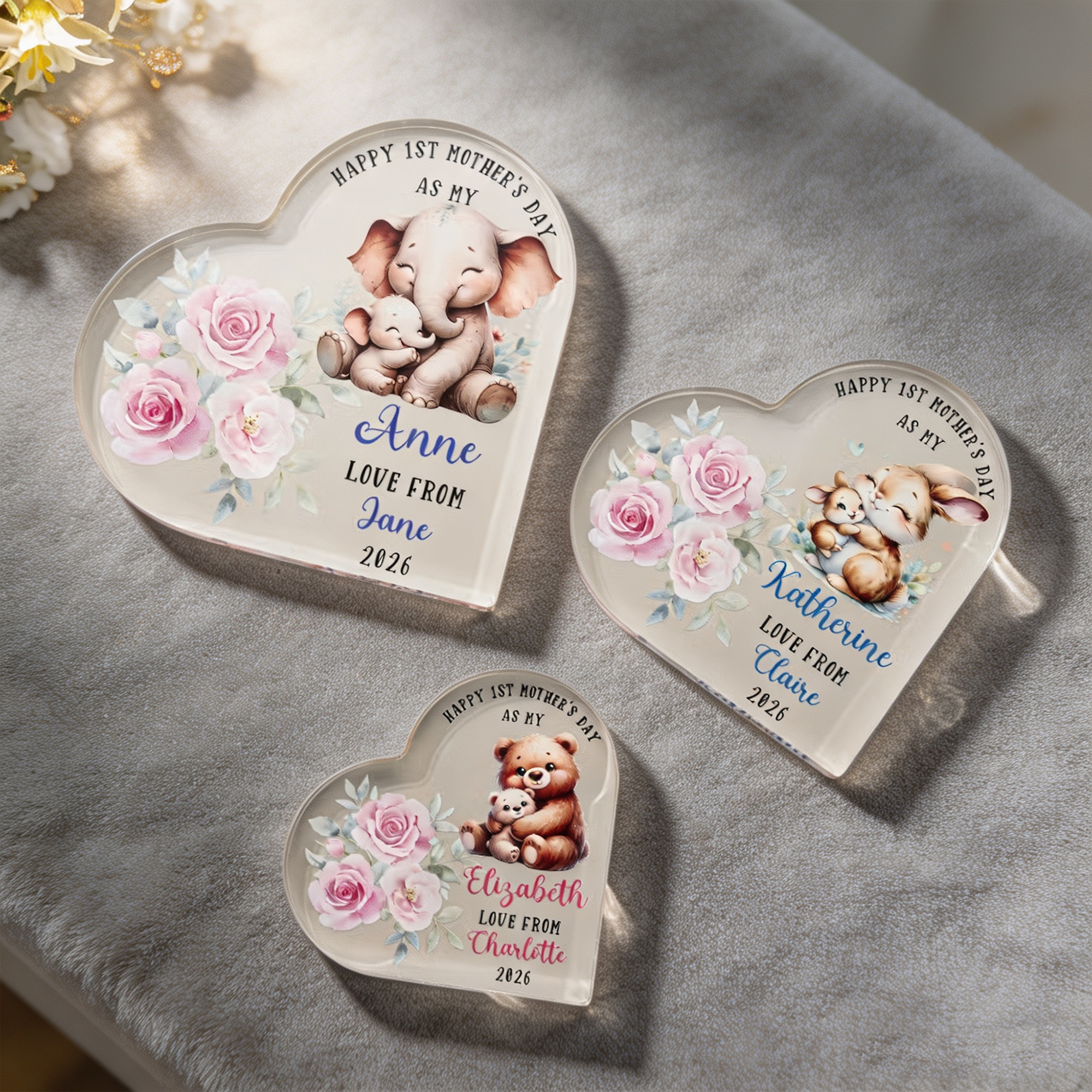 Personalized First Mother's Day Heart Acrylic Plaque with Name, Cute Animal Baby Keepsake Gift for Mom