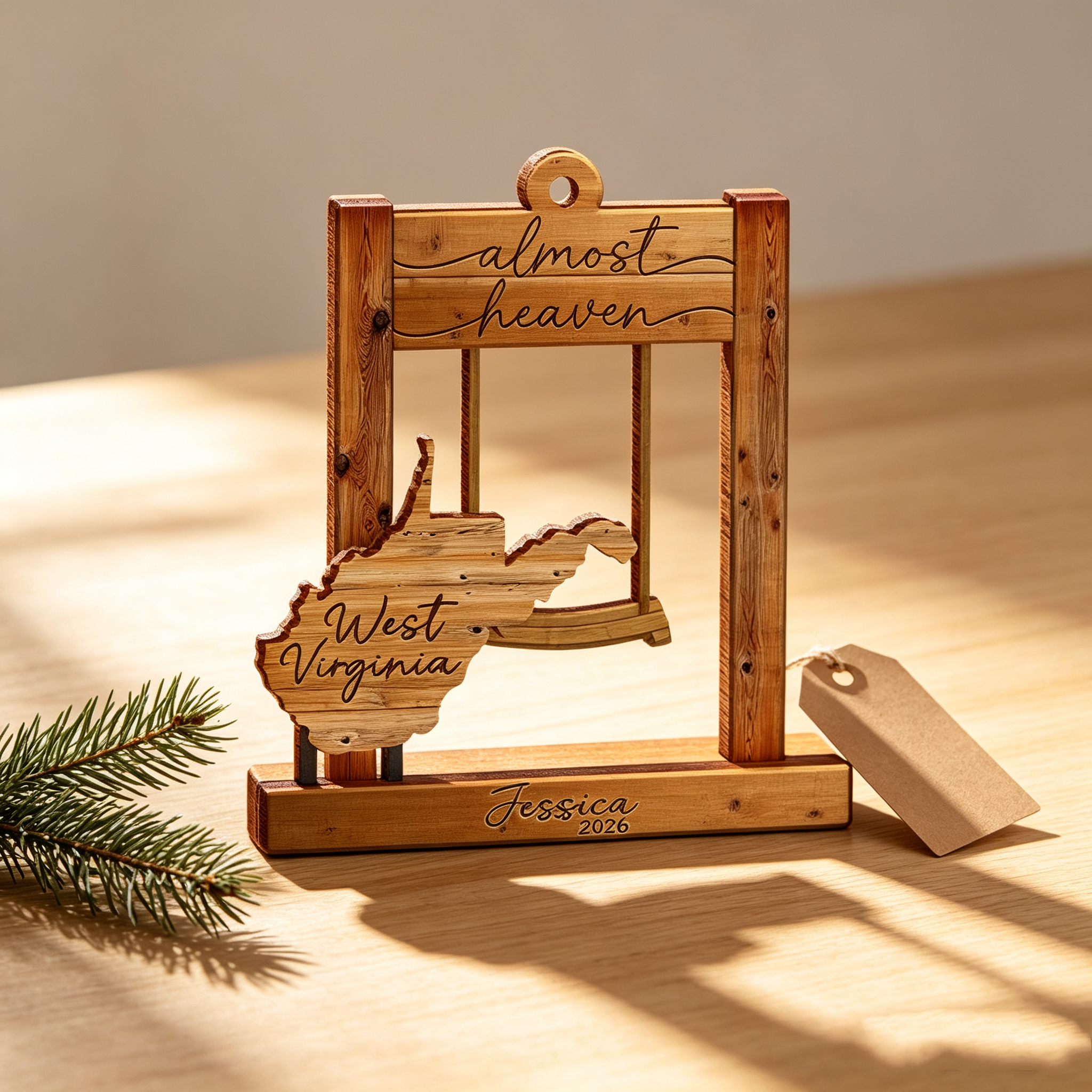 Personalized West Virginia Swing Ornament – “Almost Heaven” Layered Wooden State Keepsake, Custom WV Home Decor Gift