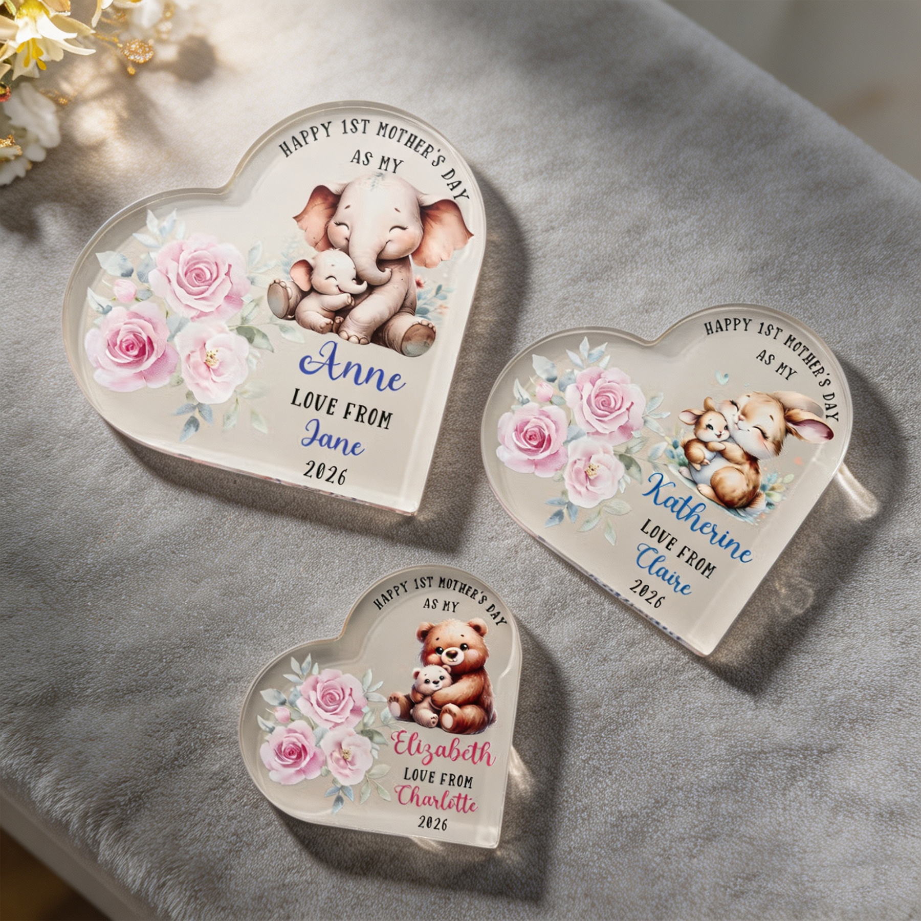 Personalized First Mother's Day Heart Acrylic Plaque with Name, Cute Animal Baby Keepsake Gift for Mom