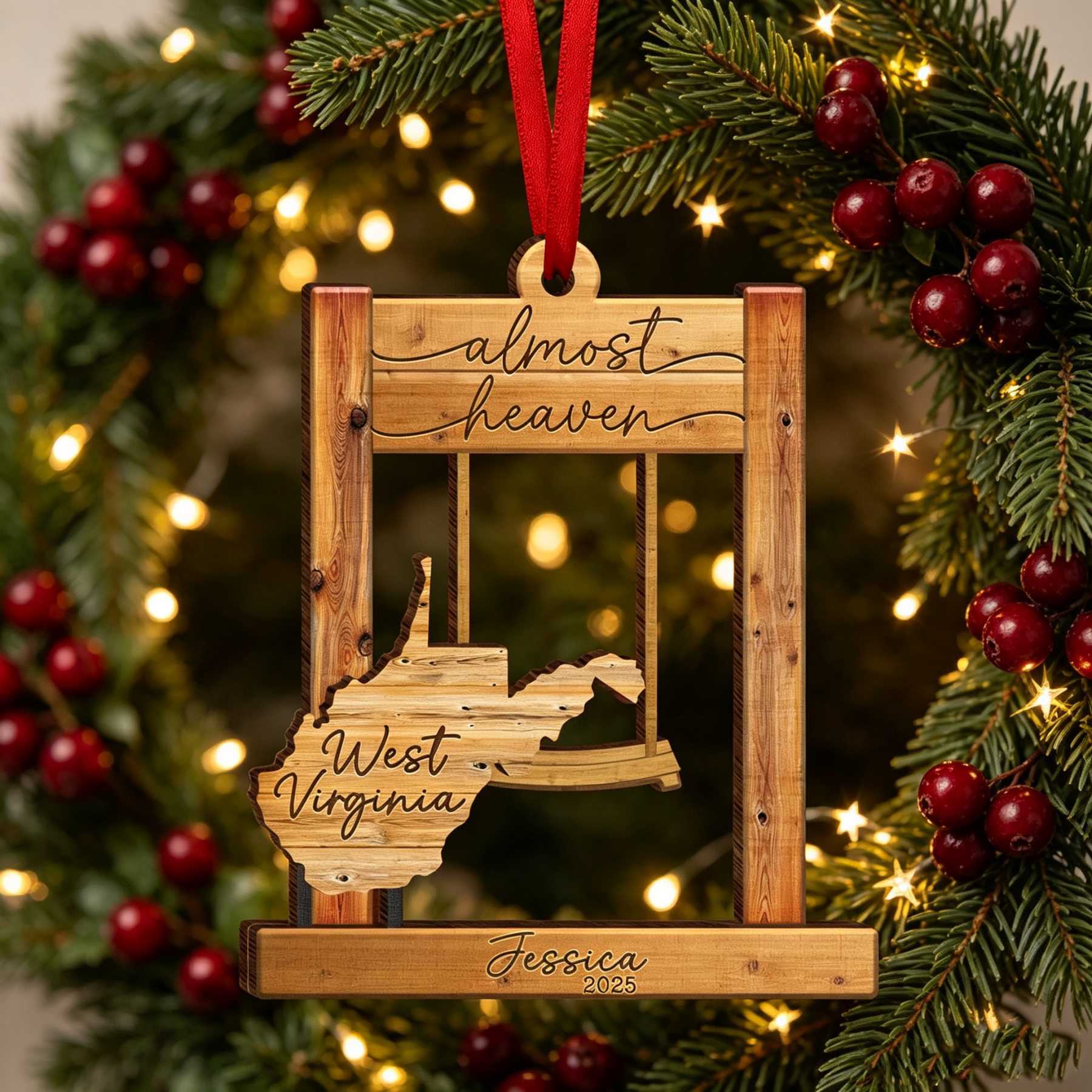 Personalized West Virginia Swing Ornament – “Almost Heaven” Layered Wooden State Keepsake, Custom WV Home Decor Gift