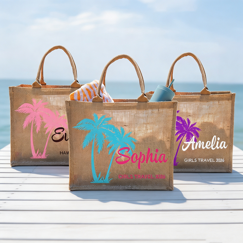 Personalized Palm Tree Jute Tote Bag with Name, Custom Beach Bag for Girls Trip, Bridesmaid Gift and Summer Travel Accessory