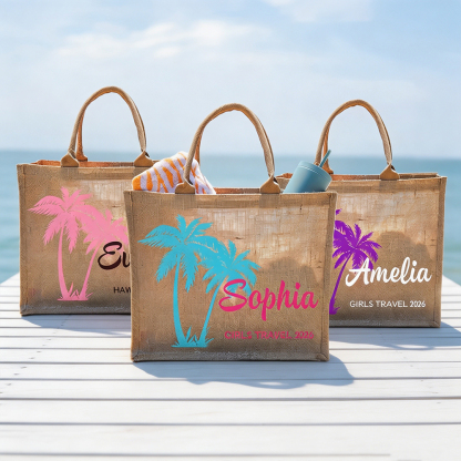 Personalized Palm Tree Jute Tote Bag with Name, Custom Beach Bag for Girls Trip, Bridesmaid Gift and Summer Travel Accessory