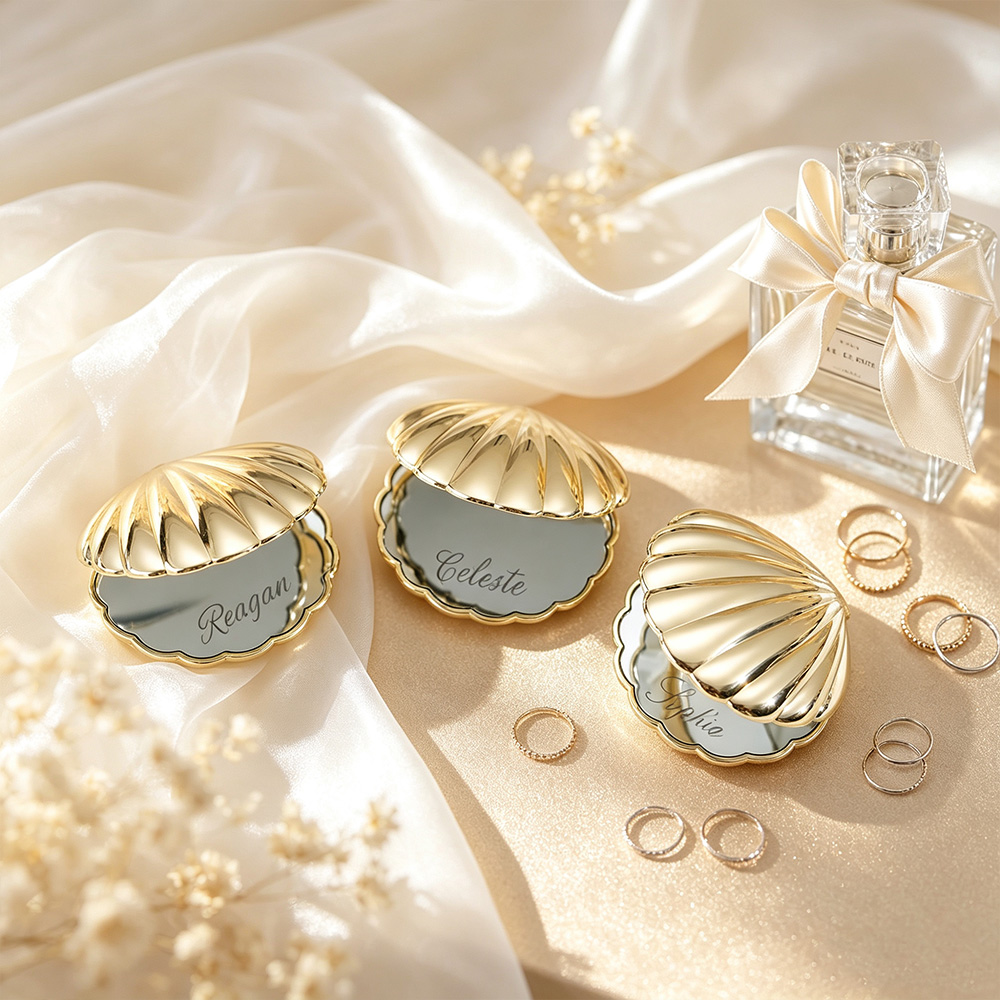 Personalized Seashell Compact Mirror – Custom Engraved Name Makeup Mirror, Beach Wedding & Bridesmaid Gift