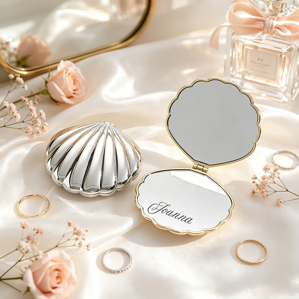 Personalized Seashell Compact Mirror – Custom Engraved Name Makeup Mirror, Beach Wedding & Bridesmaid Gift
