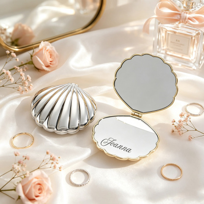 Personalized Seashell Compact Mirror – Custom Engraved Name Makeup Mirror, Beach Wedding & Bridesmaid Gift