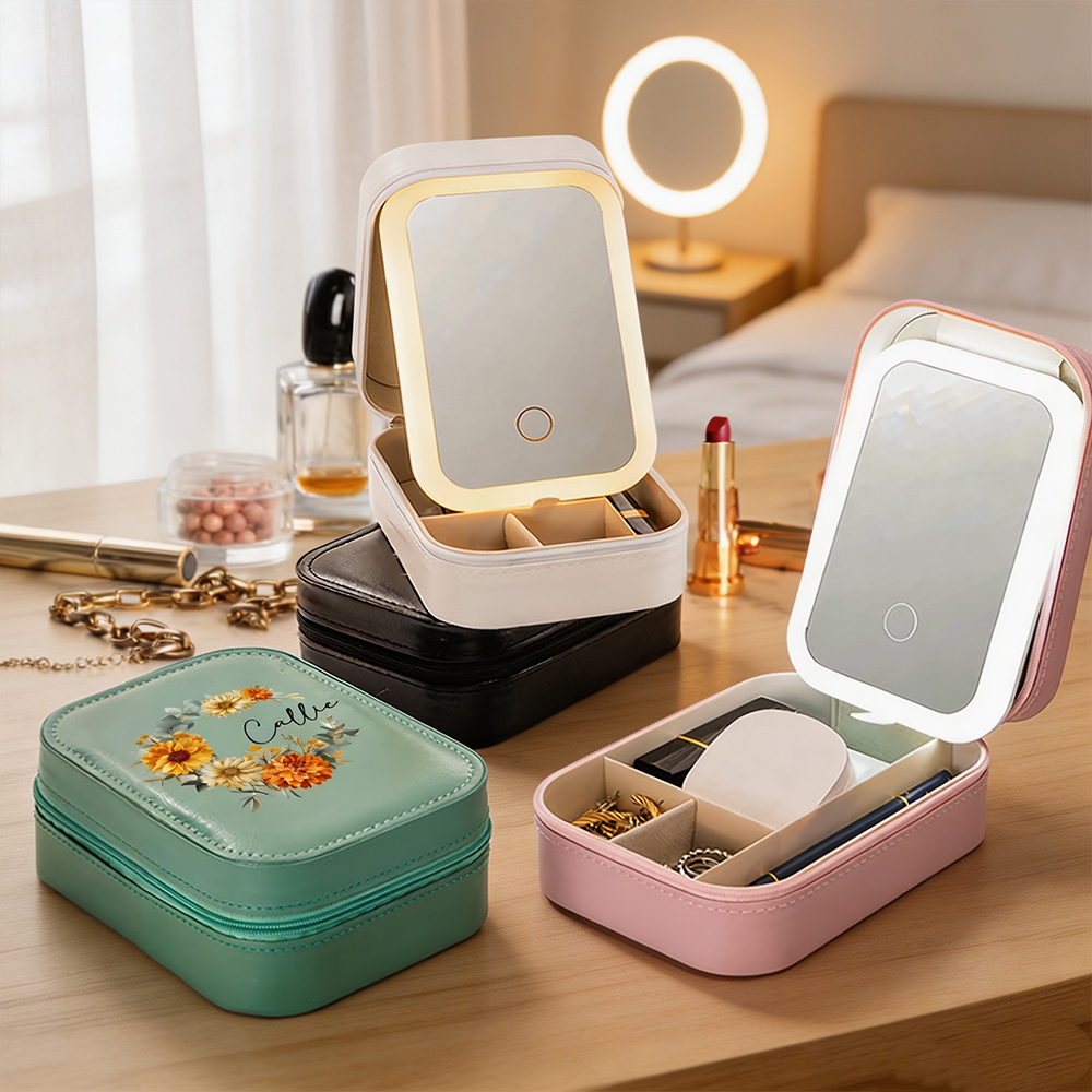 Personalized Birth Flower Jewelry Box with Name and LED Mirror, Leather Travel Jewelry Organizer Birthday Gift for Women