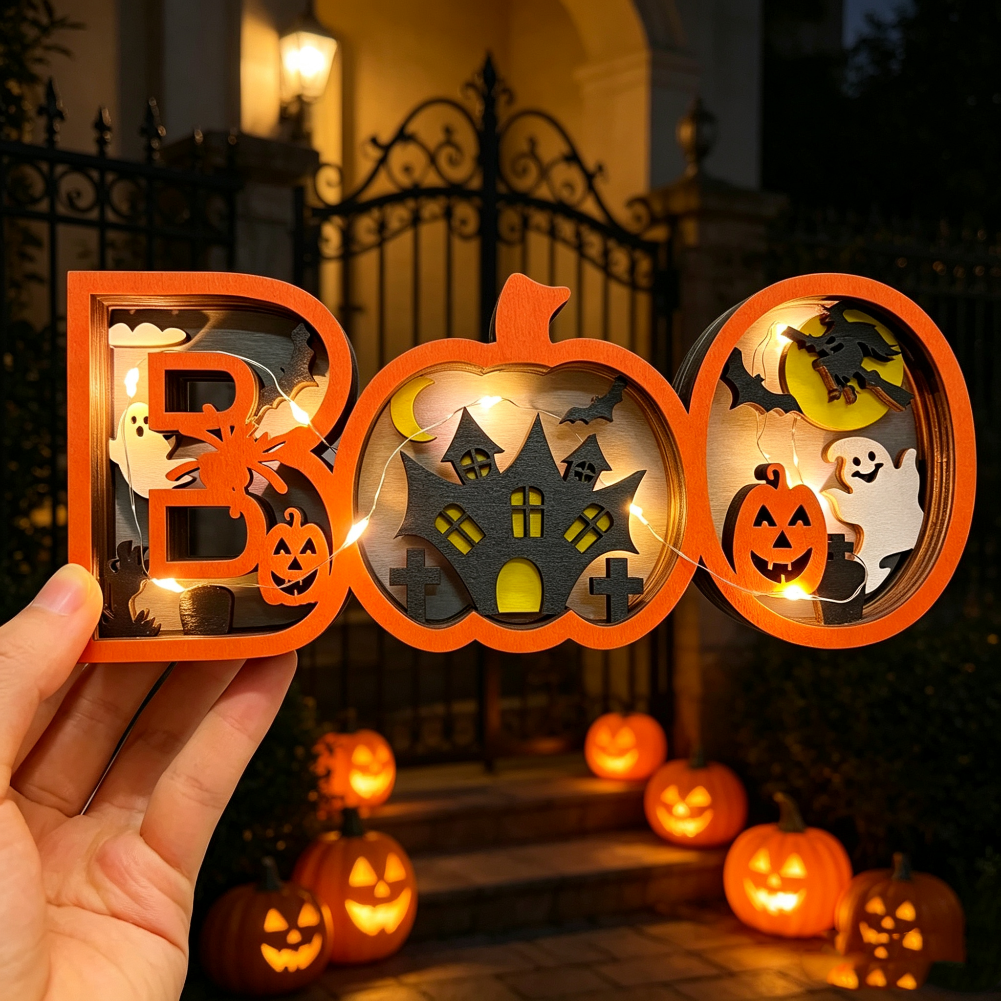 Light-Up Wooden BOO Halloween Sign – 3D Layered Ghost & Pumpkin Tabletop Decor, Spooky Seasonal Home Decoration