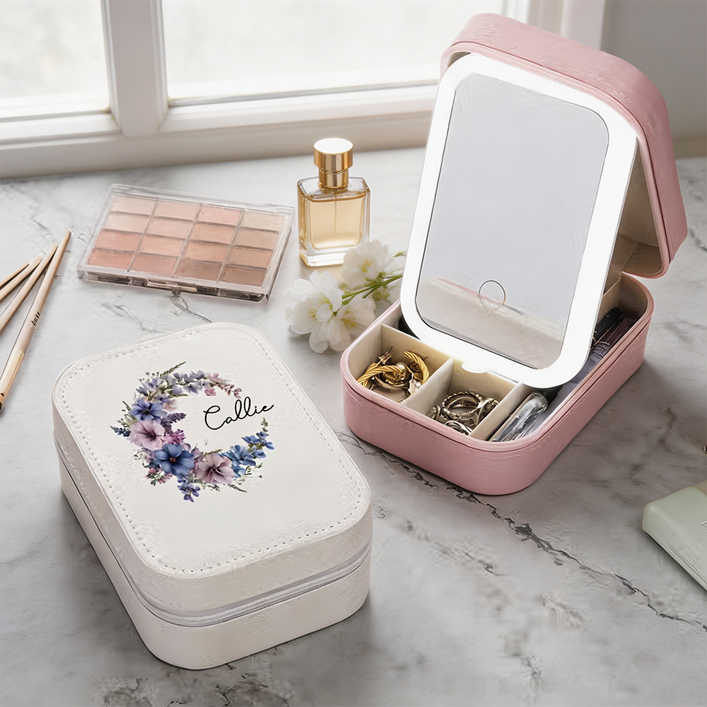 Personalized Birth Flower Jewelry Box with Name and LED Mirror, Leather Travel Jewelry Organizer Birthday Gift for Women