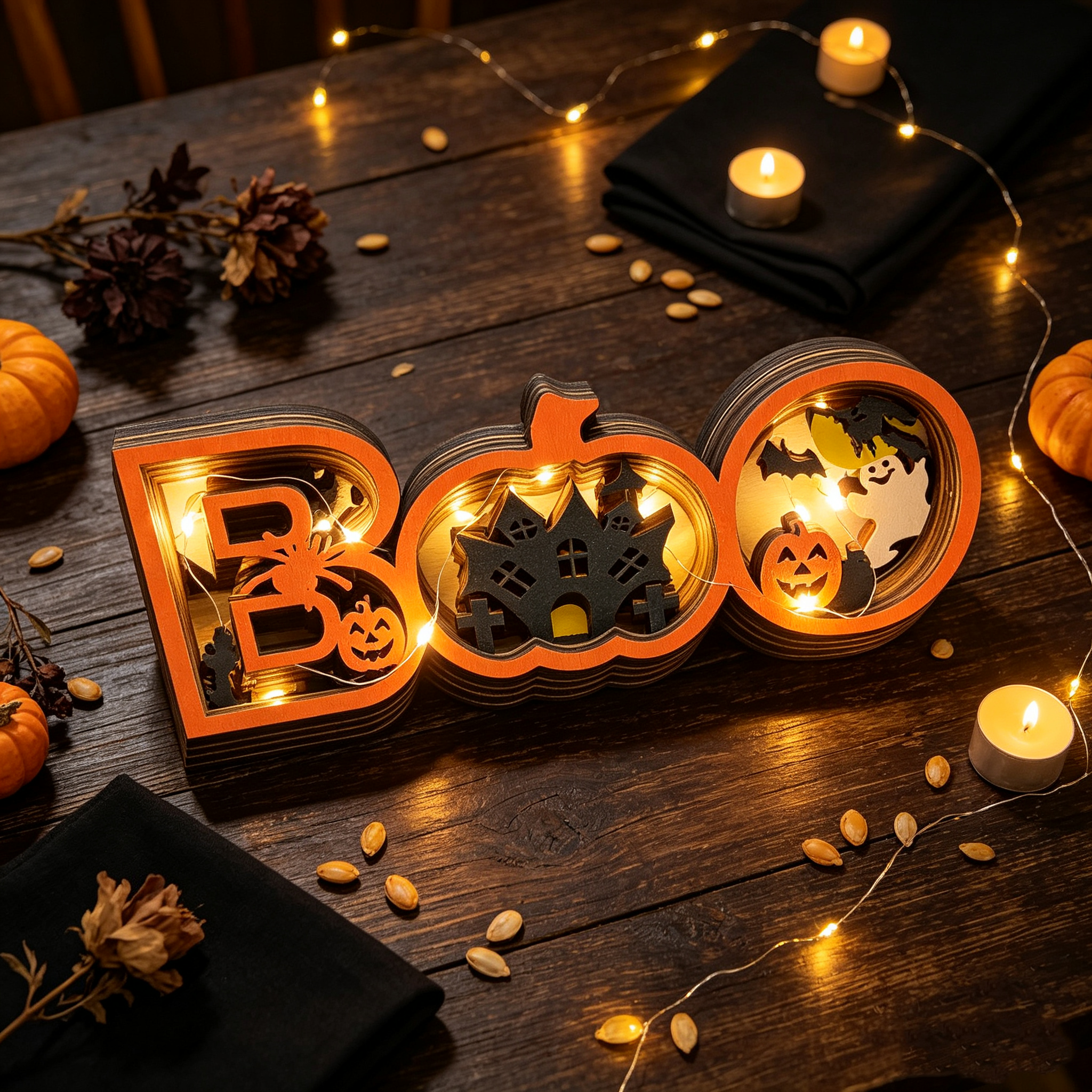 Light-Up Wooden BOO Halloween Sign – 3D Layered Ghost & Pumpkin Tabletop Decor, Spooky Seasonal Home Decoration