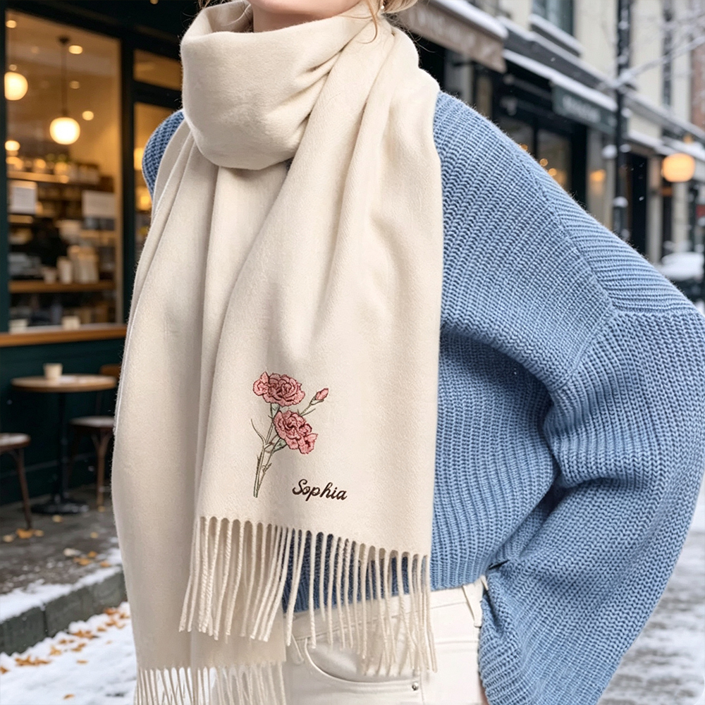 Personalized Birth Flower Tassel Scarf with Name, Custom Soft Winter Scarf, Birthday Gift for Women & Men